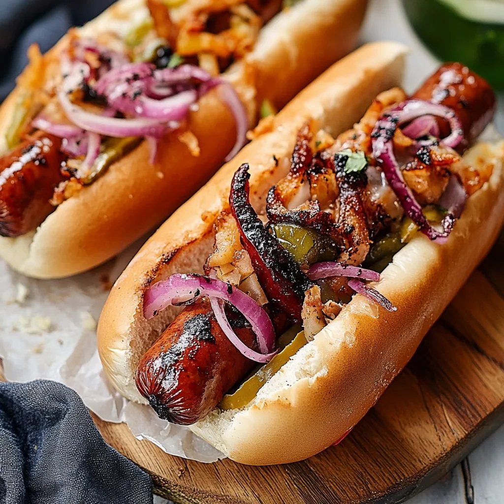 Bayern-Hotdog mit Rotkohl und Bratwurst
