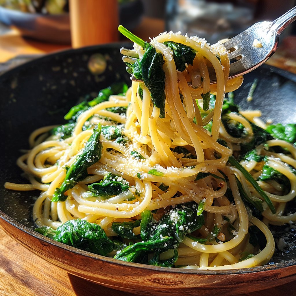 Spaghetti mit Spinat und Knoblauch